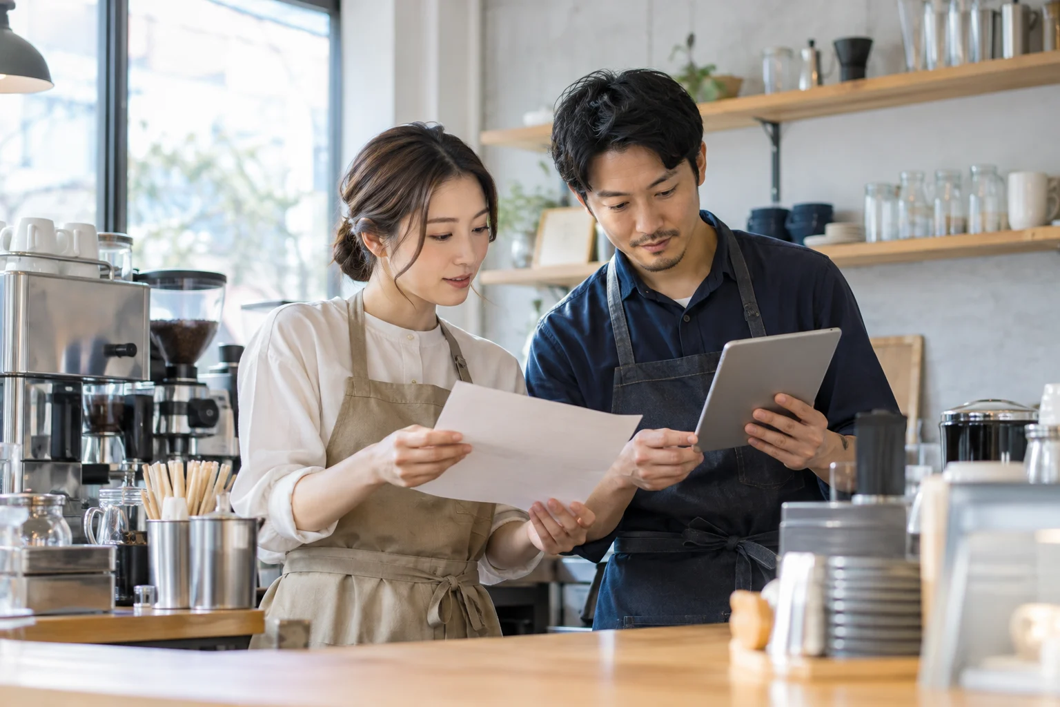 店舗スタッフが紙の記録とタブレットを確認するイメージ