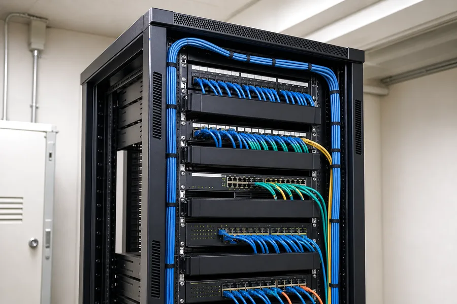 LANケーブルが接続された通信ラック