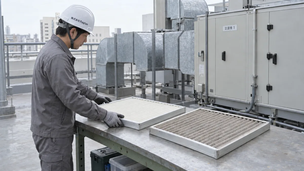 作業台で空調フィルターの交換を準備する技術者
