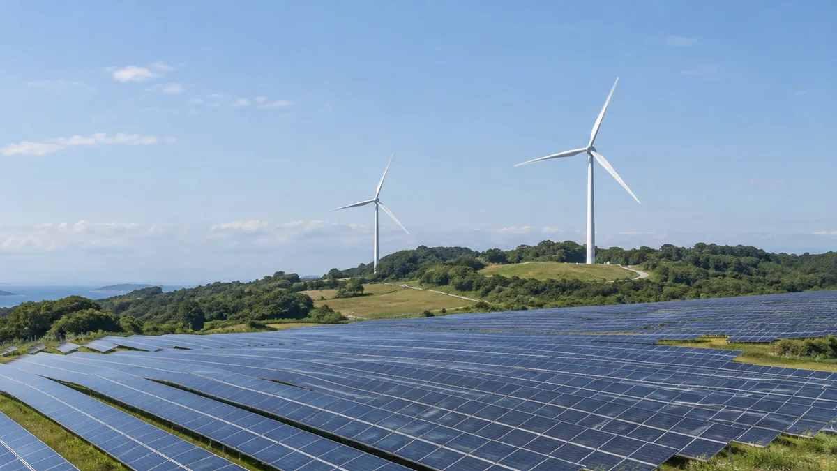 太陽光パネルと、その奥に設置された風力発電設備