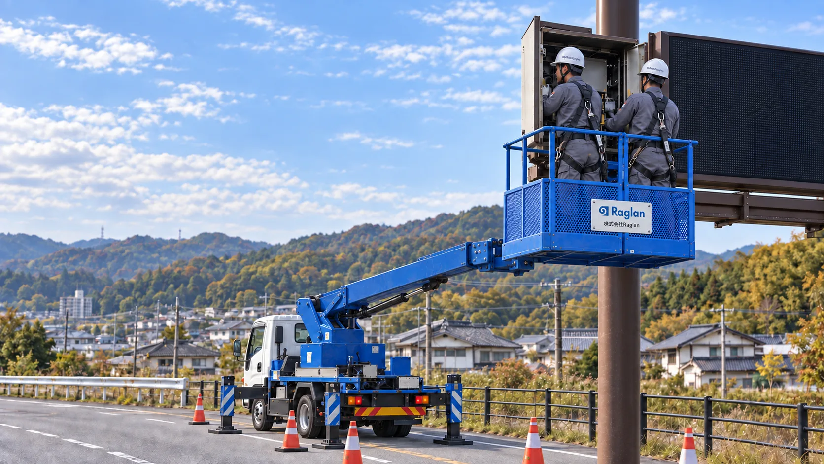 街並みを背景に、高所作業車から道路情報板を整備する2人の技術者