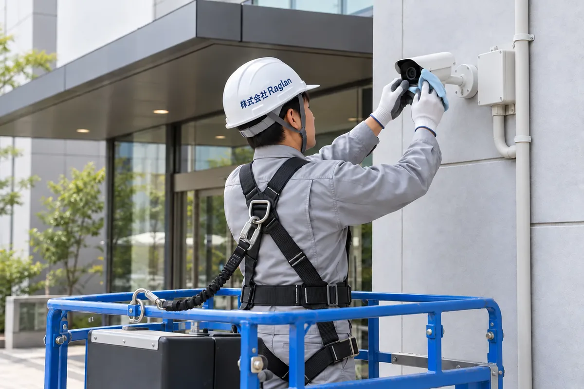 建物の外壁に設置された防犯カメラを点検する技術者