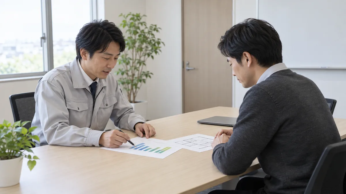 机を囲んで相談するイメージ